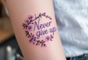 "Never give up" in delicate cursive inked in soft lavender, surrounded by blooming cherry blossoms. tattoo idea