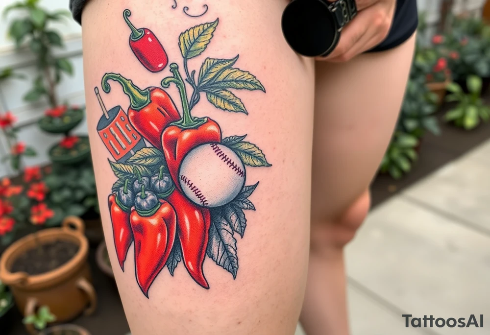 Super hot pepper plants, hot sauce, baseball, acoustic guitar, trumpet, with a gardening background tattoo idea