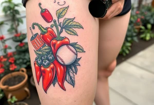Super hot pepper plants, hot sauce, baseball, acoustic guitar, trumpet, with a gardening background tattoo idea