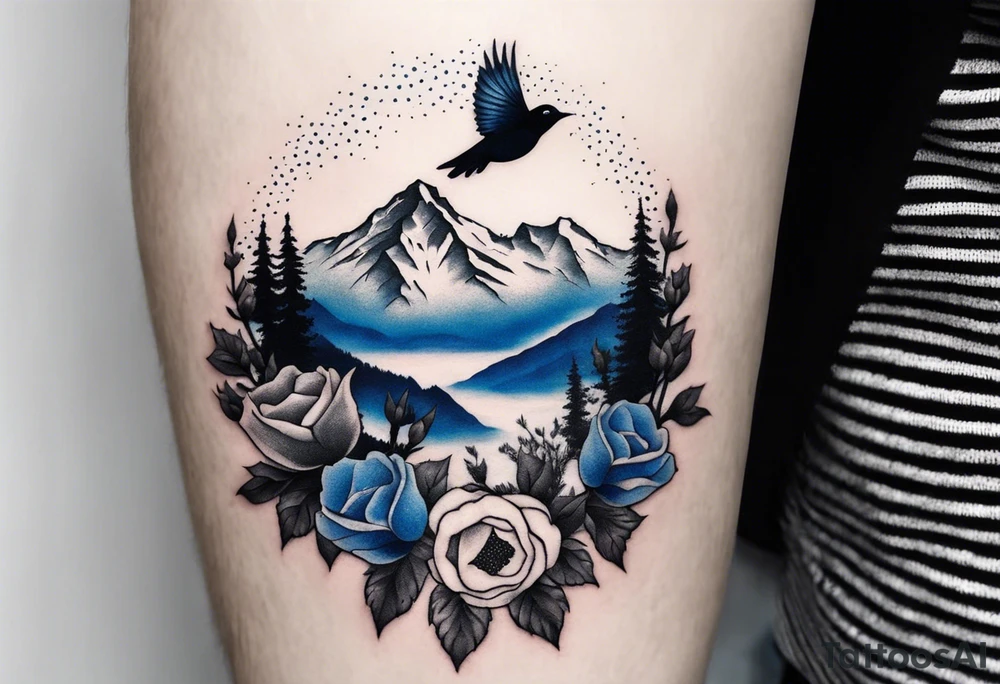 Rocky mountain peak with mountain blue birds flying around and wild prairie roses around tattoo idea