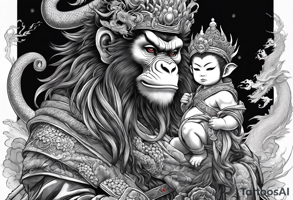 the monkey king with weapon, a japanese dragon, and
shrouded mother holding a baby tattoo idea