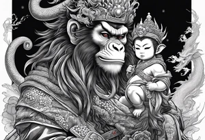 the monkey king with weapon, a japanese dragon, and
 shrouded mother holding a baby tattoo idea