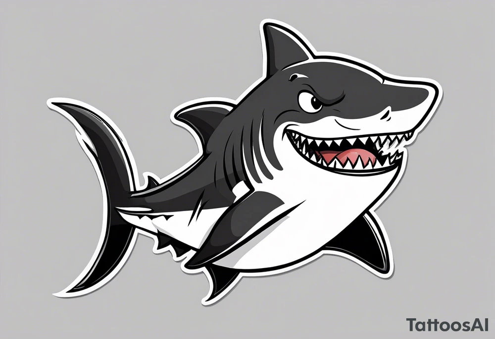 Black and grey cartoon shark standing up with chicken legs instead of a tail tattoo idea