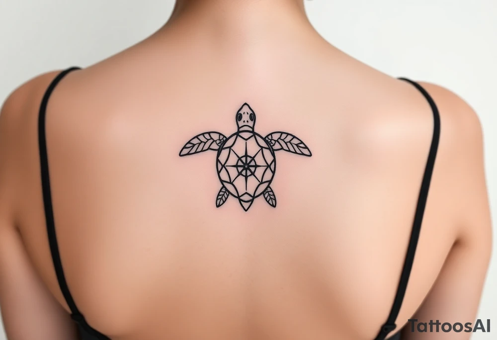 fine line tattoo of a turtle combined with a compass tattoo idea