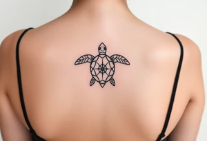 fine line tattoo of a turtle combined with a compass tattoo idea