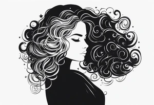 A shadow of a woman's head with long curly hair like Merida from Brave movie and her hair is made of stars planets and galaxies. Just the shadow of the woman no face tattoo idea