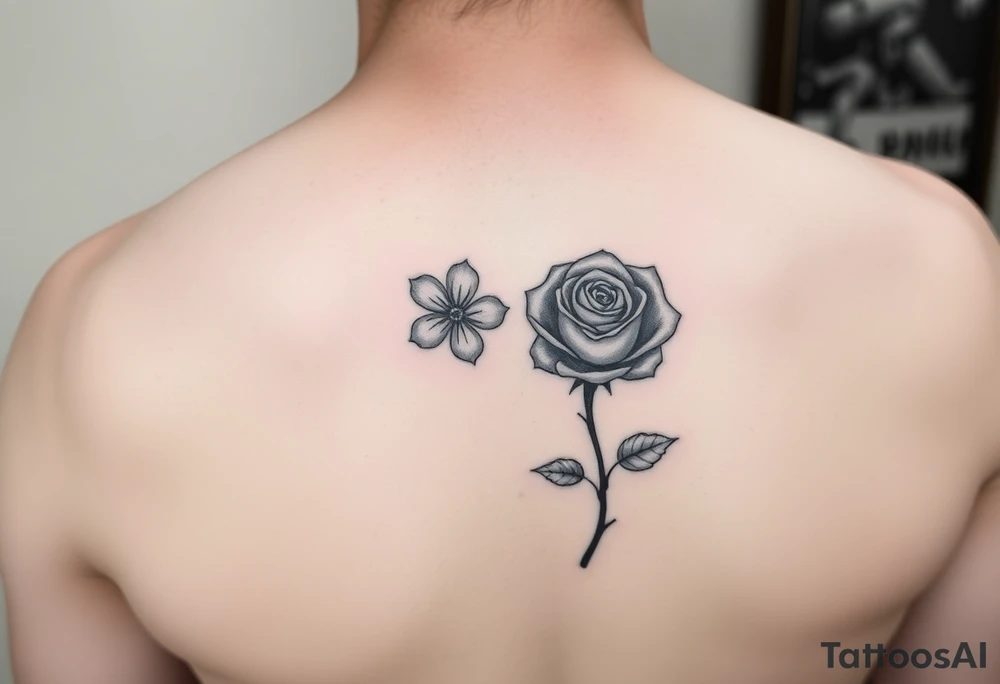 Delicate realistic tattoo in black and white, incorporating a forget me not in honour of our baby lost in early pregnancy, and a rose in honour of our son George Edward Hulbert (born on 14 June 2024) tattoo idea