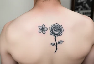 Delicate realistic tattoo in black and white, incorporating a forget me not in honour of our baby lost in early pregnancy, and a rose in honour of our son George Edward Hulbert (born on 14 June 2024) tattoo idea
