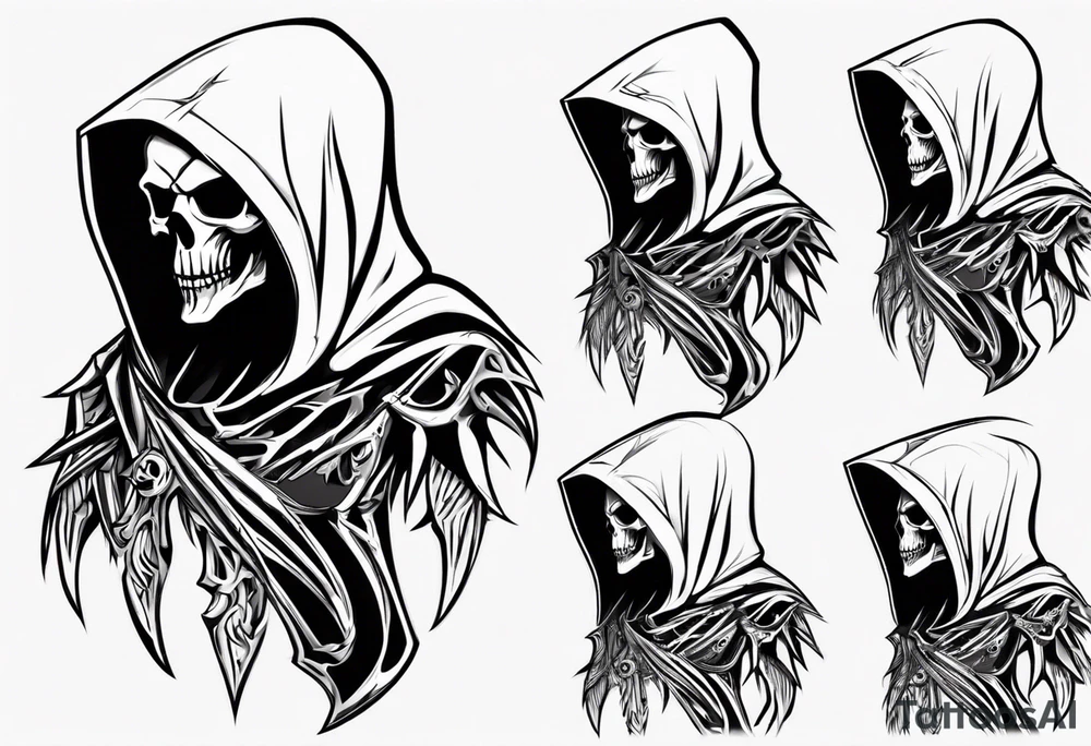 side view, hooded reaper upper body, no skull tattoo idea