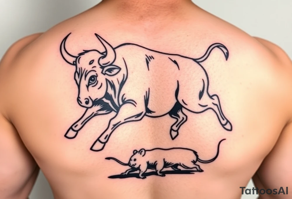I want a tattoo with a bull with its horns down running full body chasing a rat on my lower back like cartoon tattoo idea