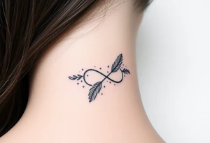 infinity symbol woven with floating feathers and stardust tattoo idea
