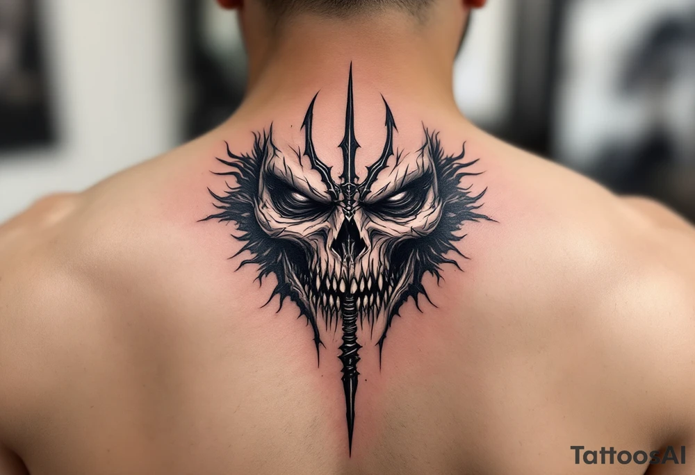 scary face with trident tattoo idea