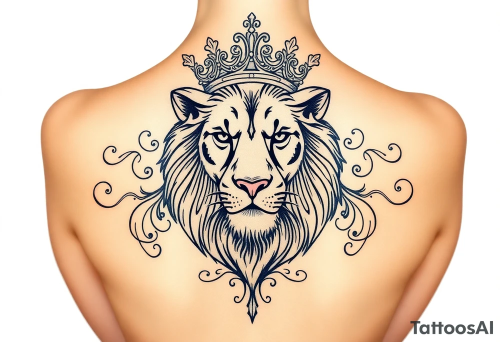 majestic lion wearing ornate crown, surrounded by baroque flourishes tattoo idea