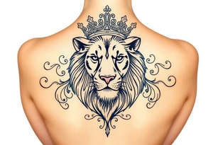 majestic lion wearing ornate crown, surrounded by baroque flourishes tattoo idea