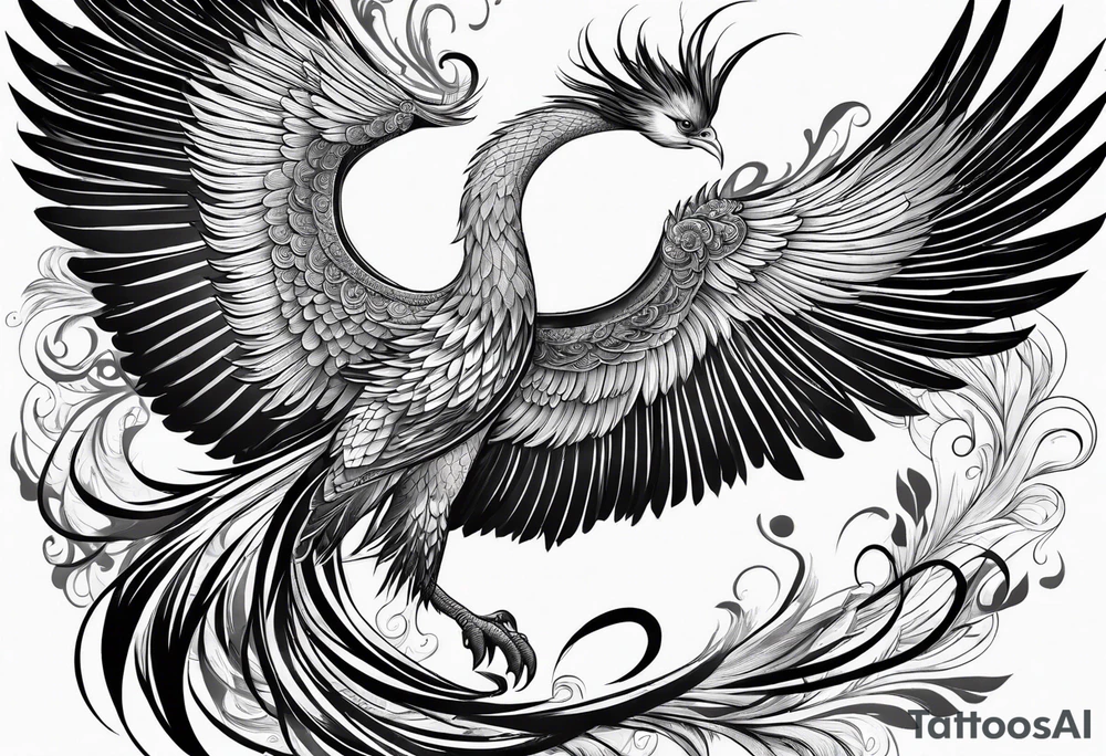 asian elegant long feathered phoenix
in flight with a long neck tattoo idea