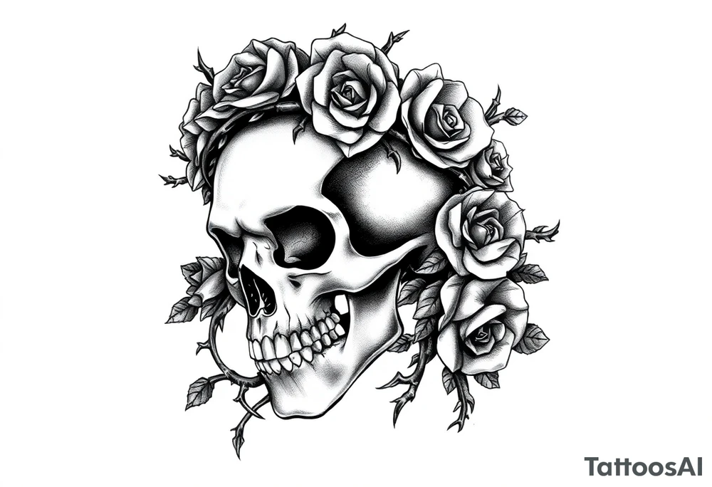 ornate skull adorned with crown of wild roses and thorns tattoo idea