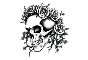ornate skull adorned with crown of wild roses and thorns tattoo idea