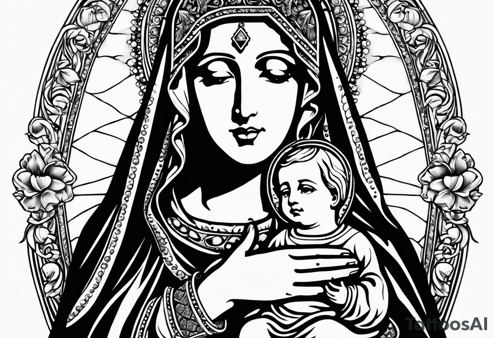 Blessed virgin mary holding jesus with crown her immaculate heart and a rosary tattoo idea
