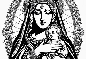 Blessed virgin mary holding jesus with crown her immaculate heart and a rosary tattoo idea