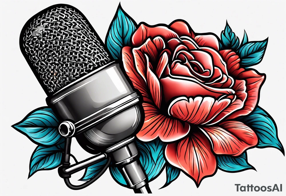 vintage lips near microphone traditional flowers no cut off tattoo idea