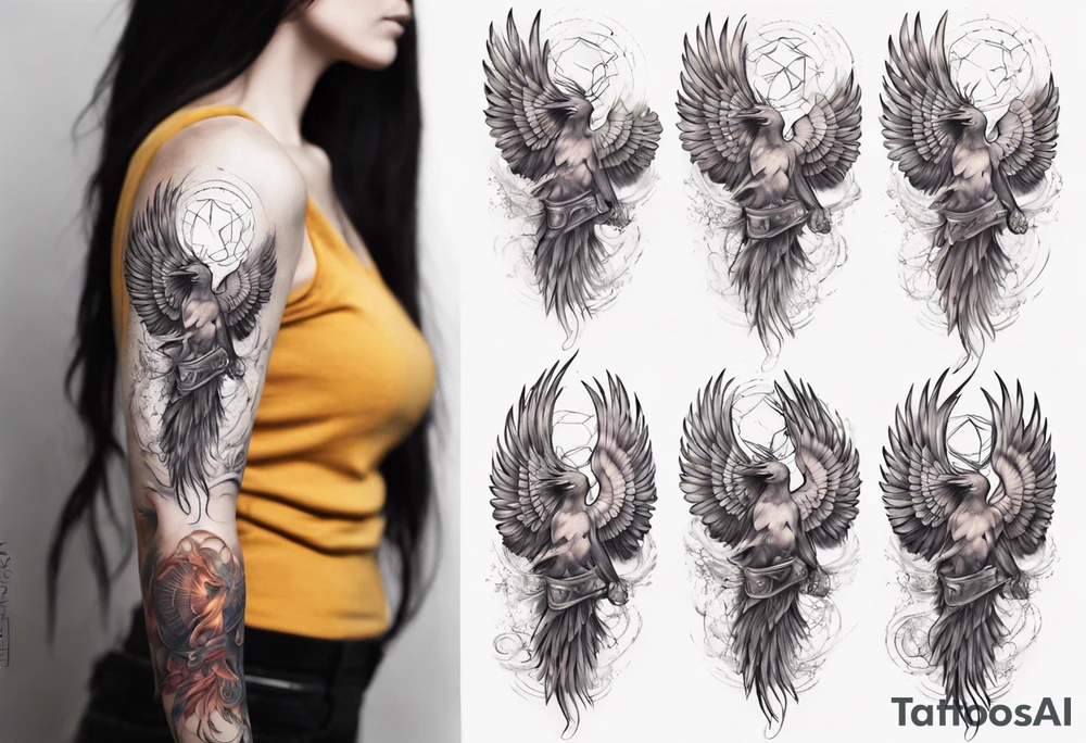 Sleeve tattoo on a woman's arm. Phoenix   with Metatron's cube tattoo idea