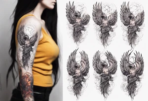 Sleeve tattoo on a woman's arm. Phoenix   with Metatron's cube tattoo idea