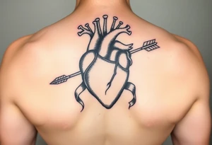 anatomical heart pierced by ornate arrow with flowing ribbons tattoo idea