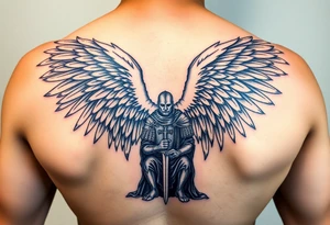 An angelic figure with massive wings standing behind a kneeling Templar tattoo idea