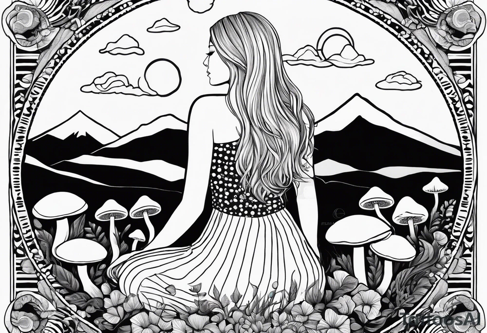 Straight blonde hair girl holding mushrooms in hand meditating facing away toward mountains surrounded by mushrooms crescent moon mandala circular design black and white striped dress tattoo idea