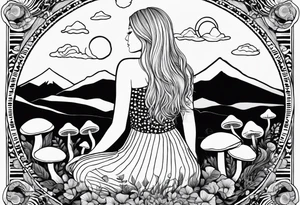 Straight blonde hair girl holding mushrooms in hand meditating facing away toward mountains surrounded by mushrooms crescent moon mandala circular design black and white striped dress tattoo idea