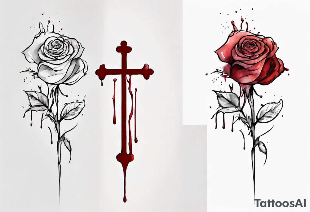 rose flower, one line, red blood dripping from the flower, tall, watercolor, with a Christian cross wrapped up by the stem tattoo idea