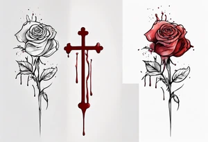 rose flower, one line, red blood dripping from the flower, tall, watercolor, with a Christian cross wrapped up by the stem tattoo idea