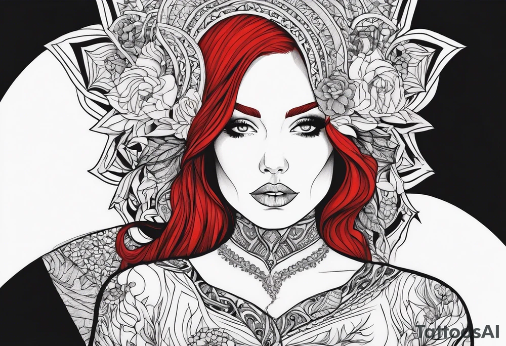 Busty red hair woman with bearded man black hair tattoo idea
