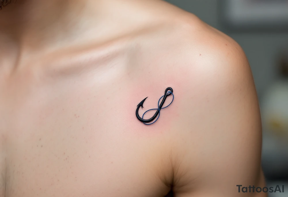 Hook and Line – A realistic black hook attached to a fine light blue fishing line, swirling elegantly around the arm. The line’s delicate curves contrast with the bold, solid hook. tattoo idea