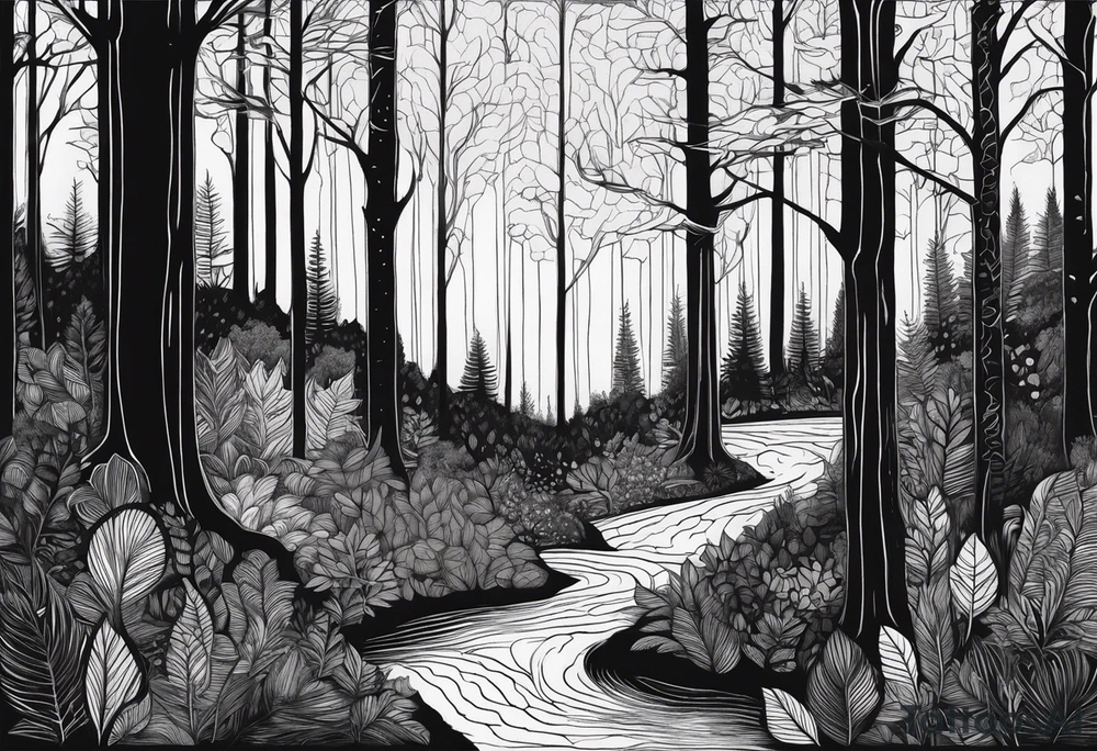 Draw me a Magical forest with s lot of trees in 2D and every tree is black and you see every treetop tattoo idea