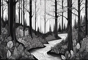 Draw me a Magical forest with s lot of trees in 2D and every tree is black and you see every treetop tattoo idea
