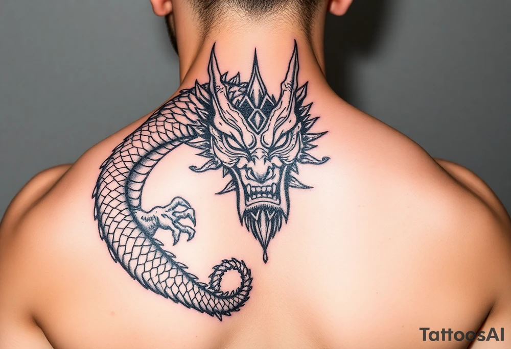 Divine dragon fighting
 a evil oni mask tattoo idea