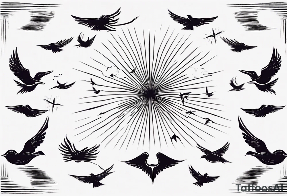 a shoulder tattoo with rays of light, clouds and birds flying free tattoo idea