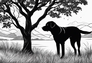 Silouette of a black lab under a tree curved to right. No detail on lab. Lab drawn to scale. tattoo idea