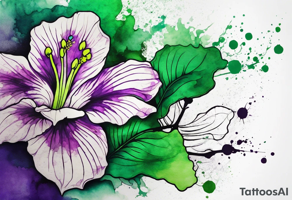 A mystical outline of a green and purple rio dipladenia flower and a green and purple watercolor splash in the background tattoo idea