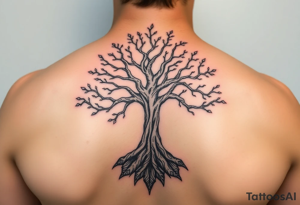mystical tree of life with cosmic roots and celestial branches tattoo idea