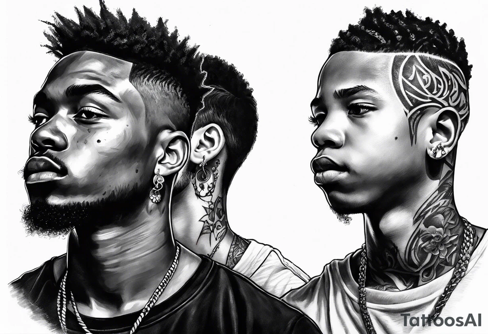 3 young black brothers walking away together  you can see from feet to head and one is looking to the side showing the side of his face tattoo idea