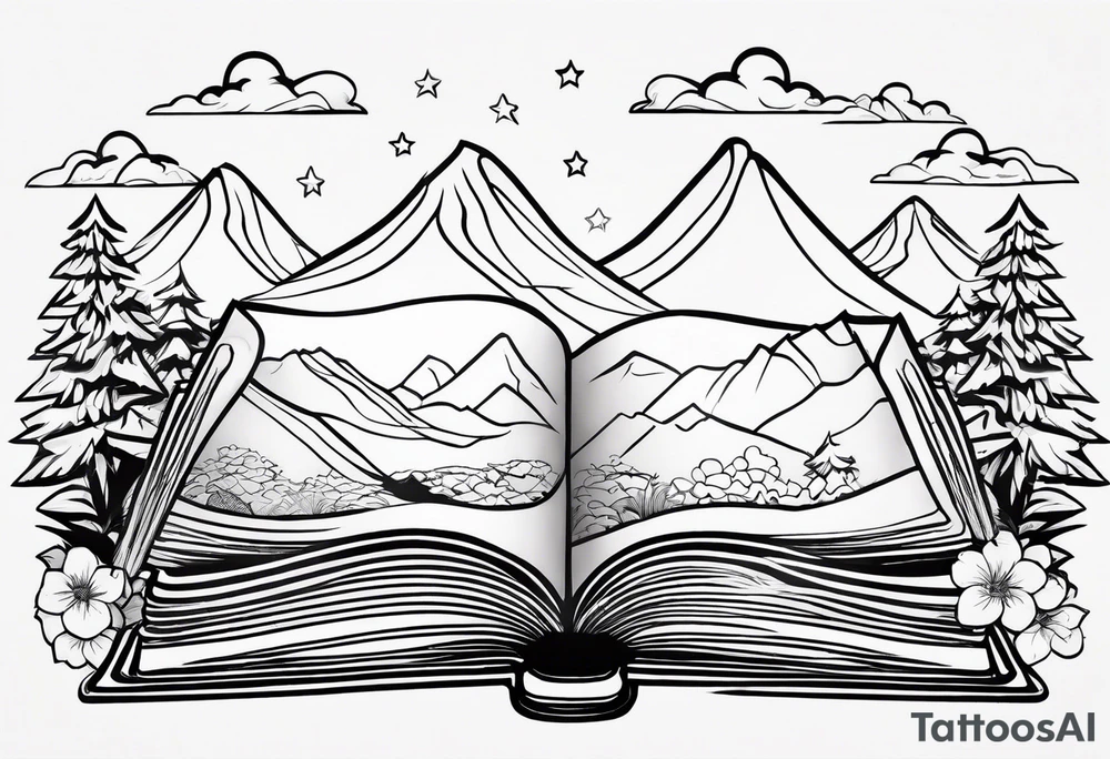 Open book with stars and mountains in a cartoon minimalistic design. Incorporate sushi rolls subtly tattoo idea