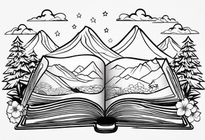 Open book with stars and mountains in a cartoon minimalistic design. Incorporate sushi rolls subtly tattoo idea