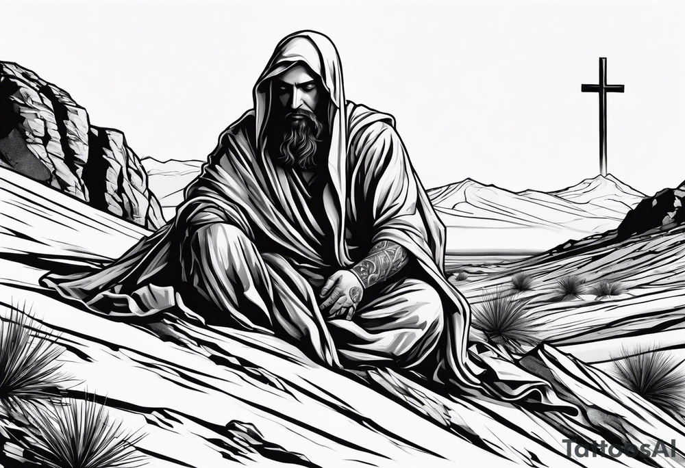 man crawling in a desert reaching to the cross of Christ tattoo idea