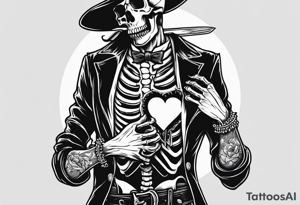 depressed skeleton holding his heart in his hand with a knife through the heart tattoo idea