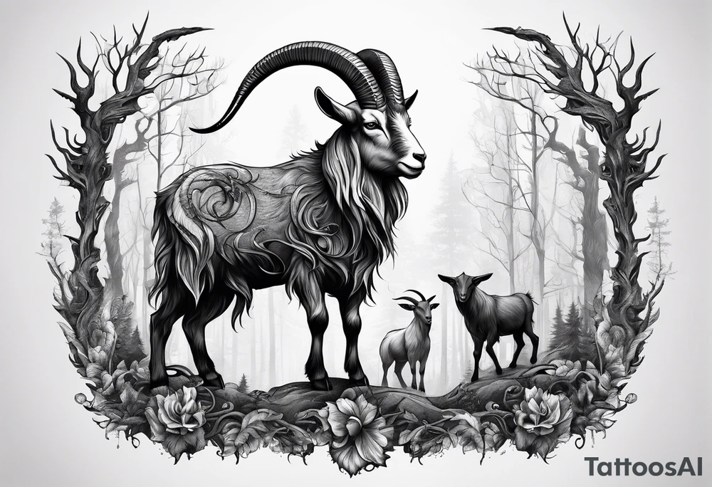 Satanic goat with horns (full body) in a forest tattoo idea