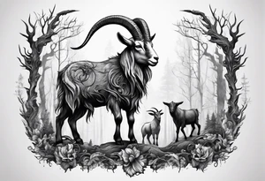 Satanic goat with horns  (full body) in a forest tattoo idea