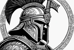 greek warrior wearing a Corinthian helmet weilding an axe tattoo idea