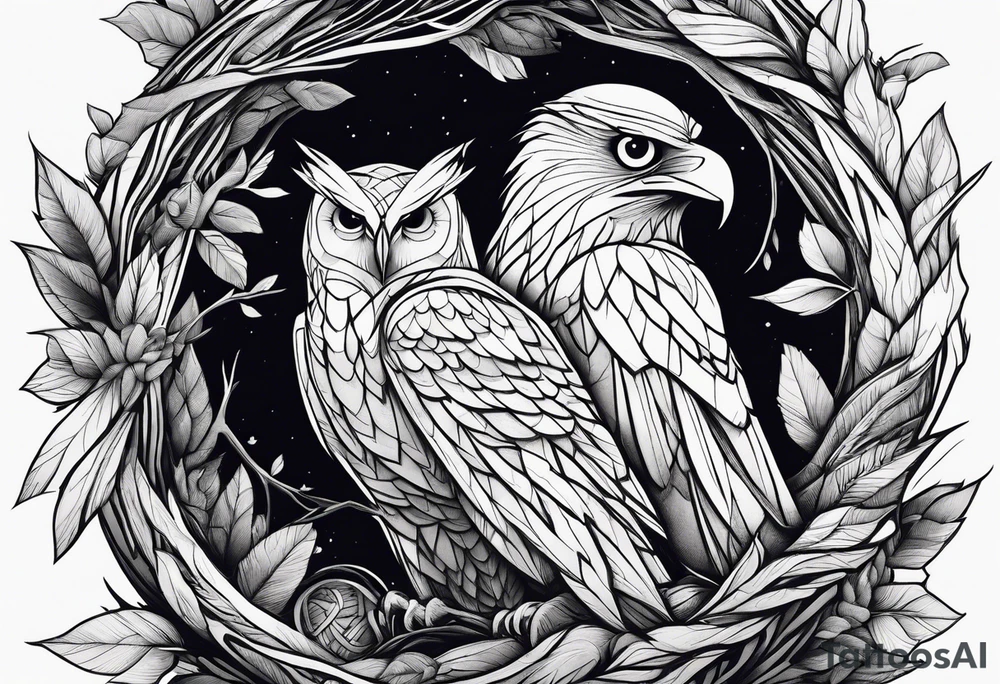 Owl, raven, eagle cuddled in a nest, birdseye view tattoo idea
